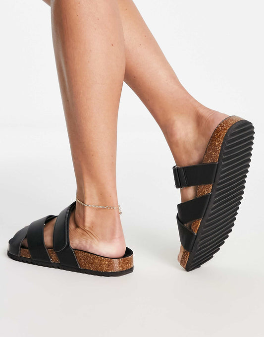 ASOS DESIGN Wide Fit Fiery double cross-strap flat sandals in black