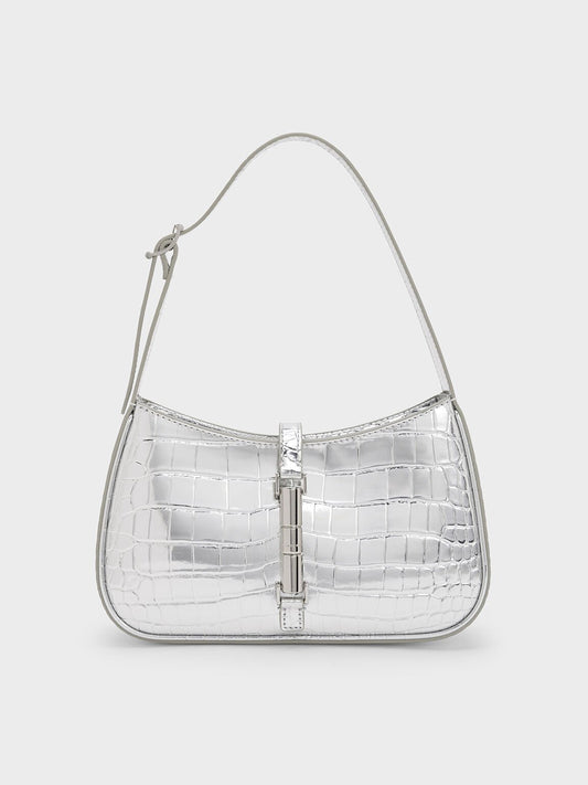 Cesia Croc-Effect Metallic-Accent Shoulder Bag
- Silver