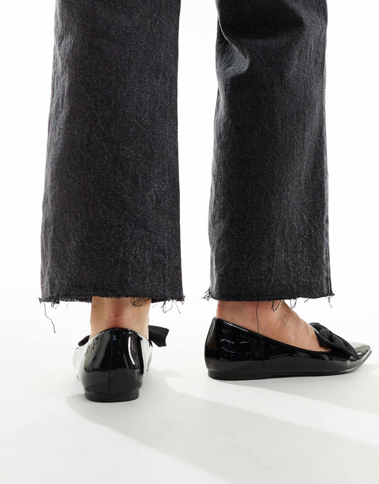 ASOS DESIGN Wide Fit Lake bow pointed ballet flats in black