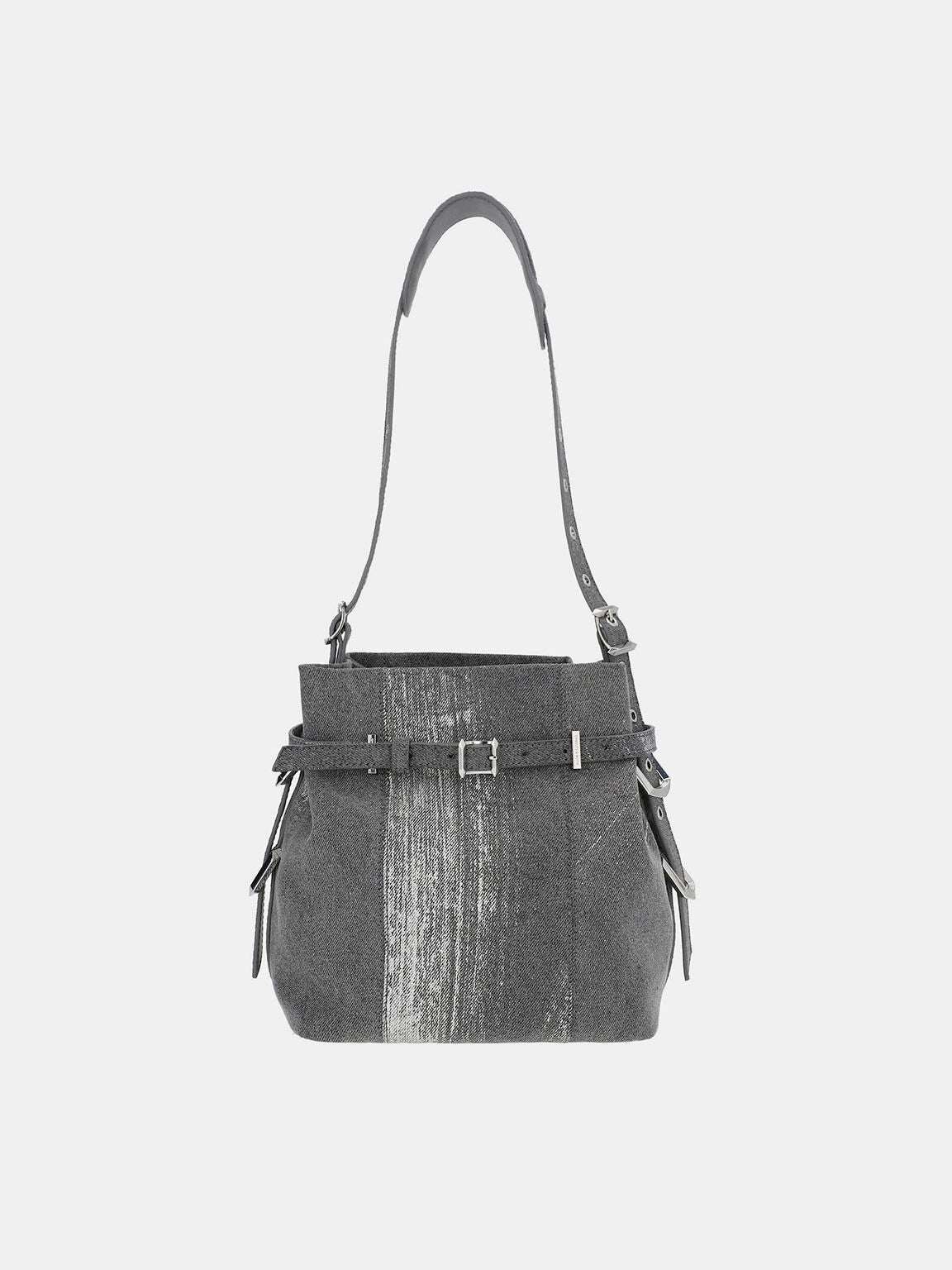 Bryna Brushed Denim Belted Bucket Bag
- Silver Brushed Denim