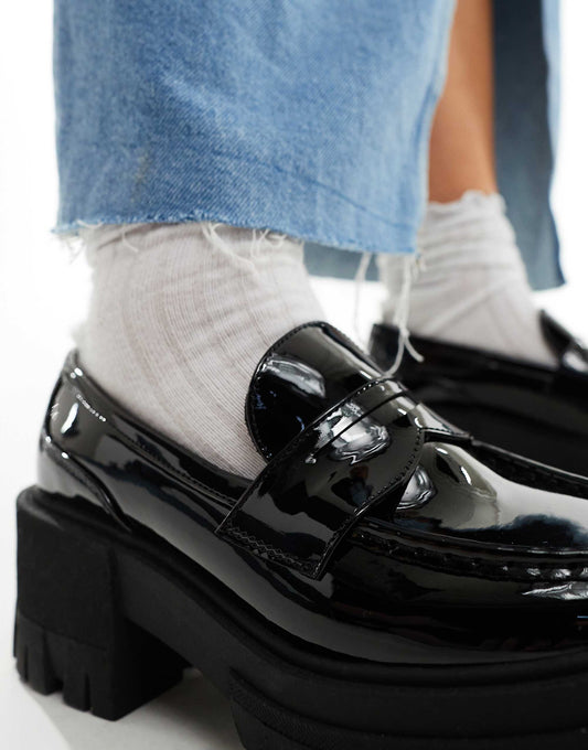 ASOS DESIGN Wide Fit Script chunky mid heeled loafers in black patent