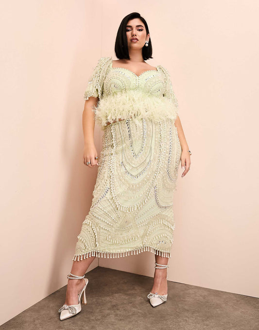 تنورة ميدي مزينة باللؤلؤ - Co-ord بلون أخضر - Curve ASOS LUXE