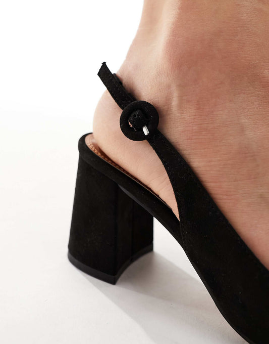 ASOS DESIGN Wide Fit Sutton slingback mid block heeled shoes in black suedette