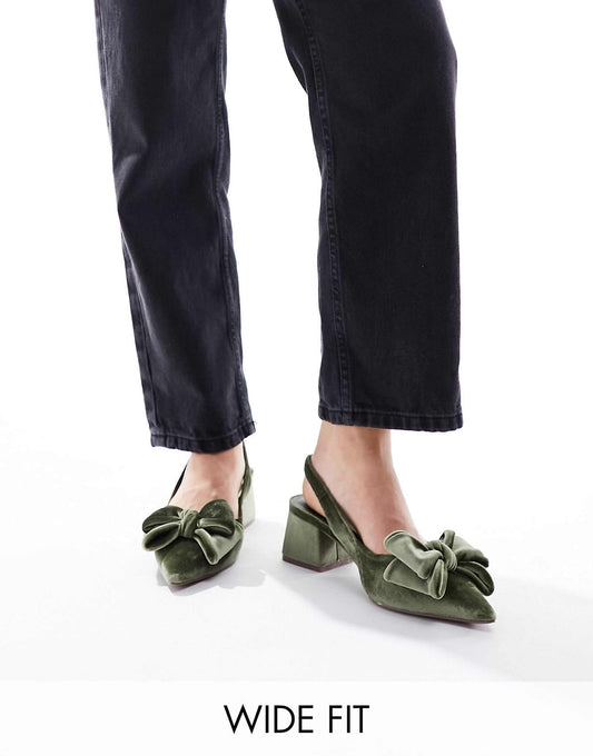 ASOS DESIGN Wide Fit Symphony bow slingback mid block heeled shoes in sage green velvet - PISTACHIO
