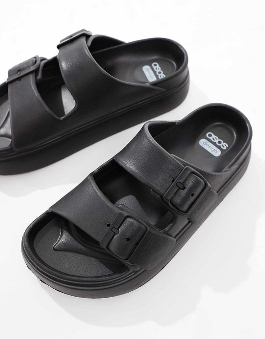 ASOS DESIGN Wide Fit Freestyle flatform double buckle sandals in black