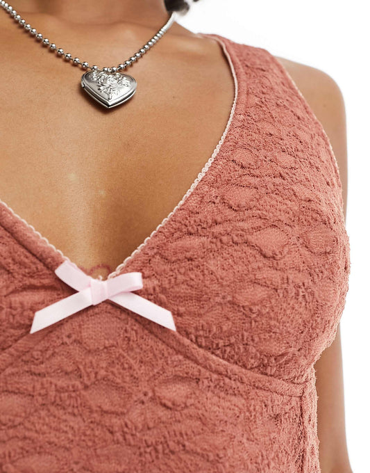 Motel bow detail v-neck lace mini dress in red rose