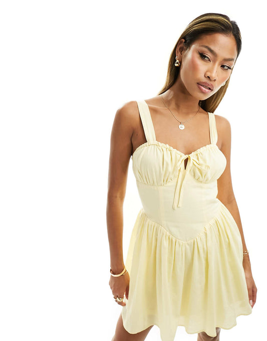 Kaiia exclusive milkmaid tie front mini dress in yellow