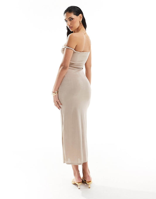 Kaiia exclusive slinky off shoulder bodycon midi dress in light taup