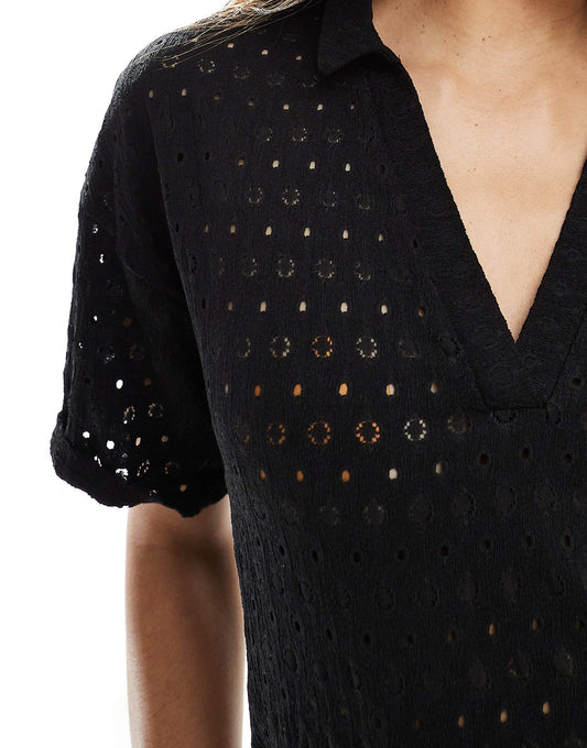 Kaiia crochet polo shirt mini dress in black