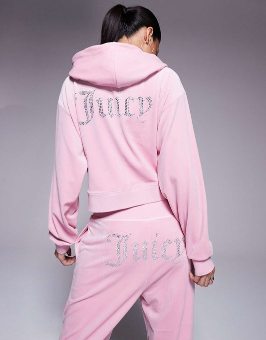 هودي مخمل واسع بسحاب من Juicy Couture باللون الوردي الغباري، حصري لدى ASOS