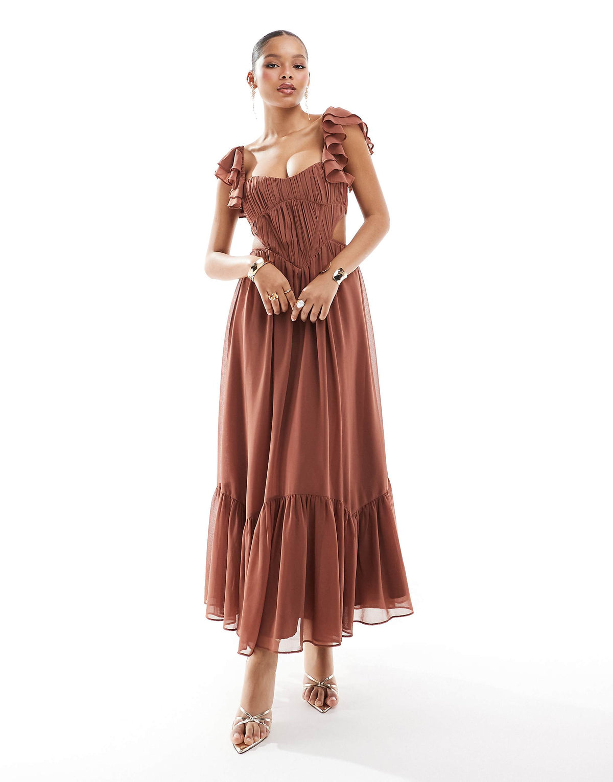 ASOS DESIGN flutter sleeve corset cut out midi skater dress in mocha