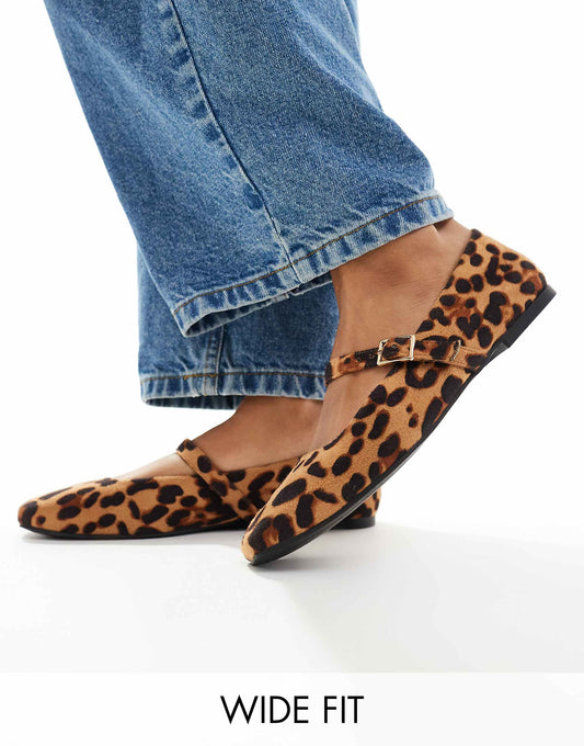 ASOS DESIGN Wide Fit Lottie Mary Jane Ballet in leopard suedette