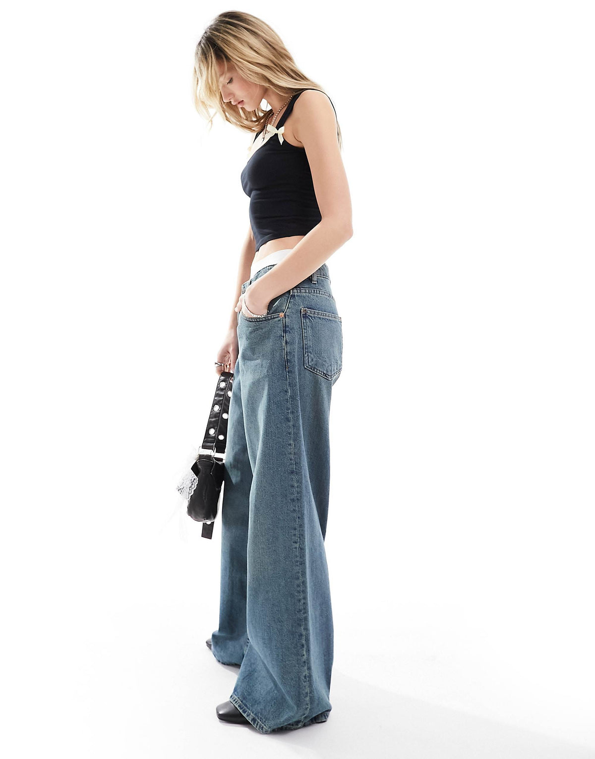 Motel roomy extra wide low rise jeans in vintage blue green