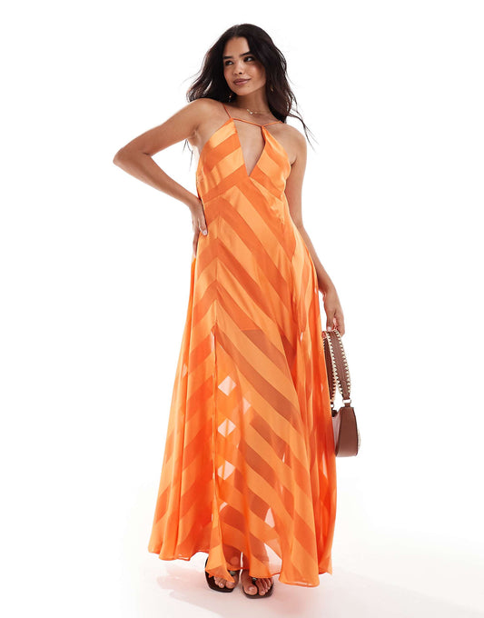 ASOS DESIGN satin stripe volume trapeze cami maxi dress in orange