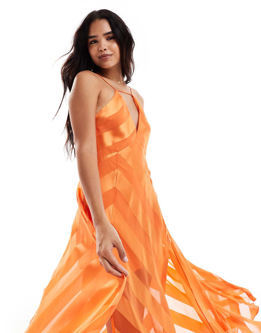 ASOS DESIGN satin stripe volume trapeze cami maxi dress in orange