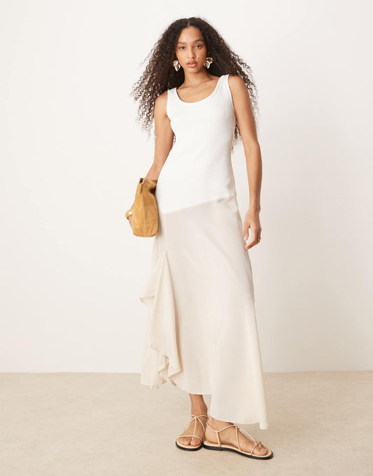 ASOS DESIGN scoop neck hybrid rib and cupro midi dress in ivory and white