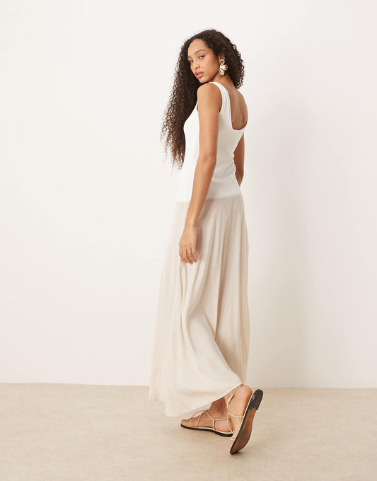 ASOS DESIGN scoop neck hybrid rib and cupro midi dress in ivory and white