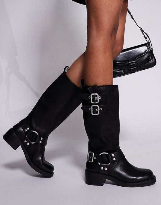 Steve Madden Eastern biker knee boots with chunky hardwear in Black