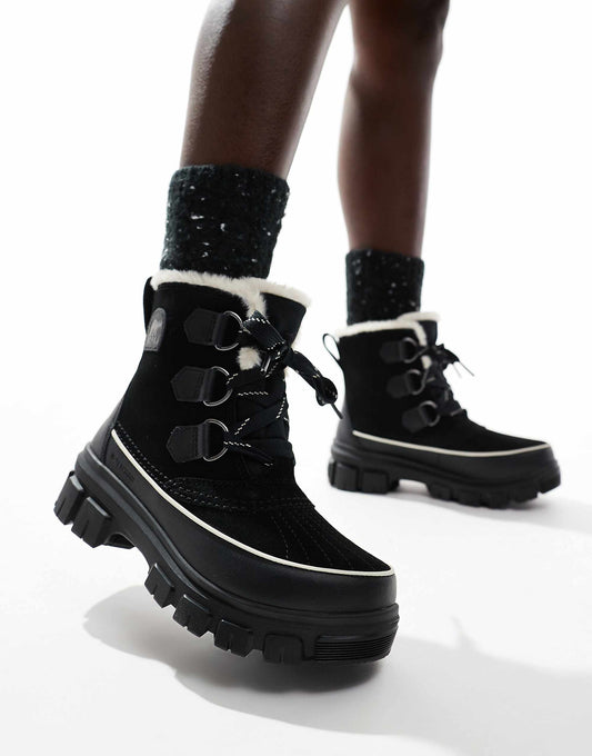 Sorel Torino V WP waterproof fleece lined faux fur leather snow boots in black and fawn