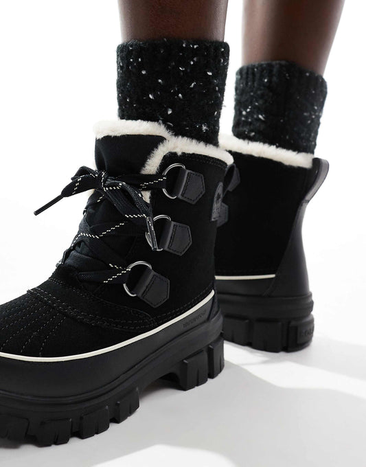 Sorel Torino V WP waterproof fleece lined faux fur leather snow boots in black and fawn