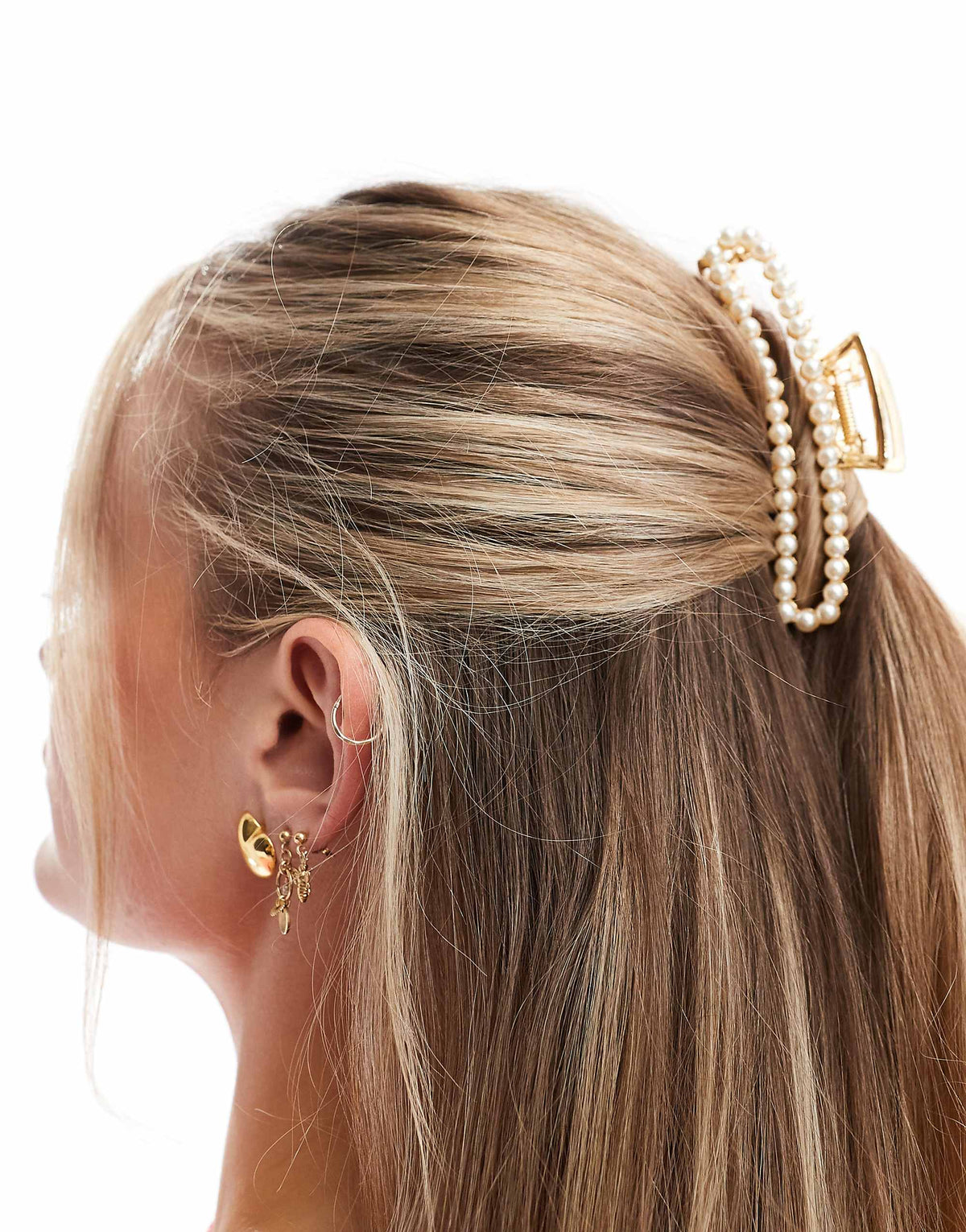 Pieces XL rectangle pearl hair claw clip in white gold