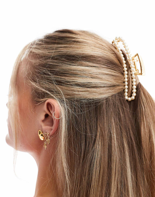 Pieces XL rectangle pearl hair claw clip in white gold