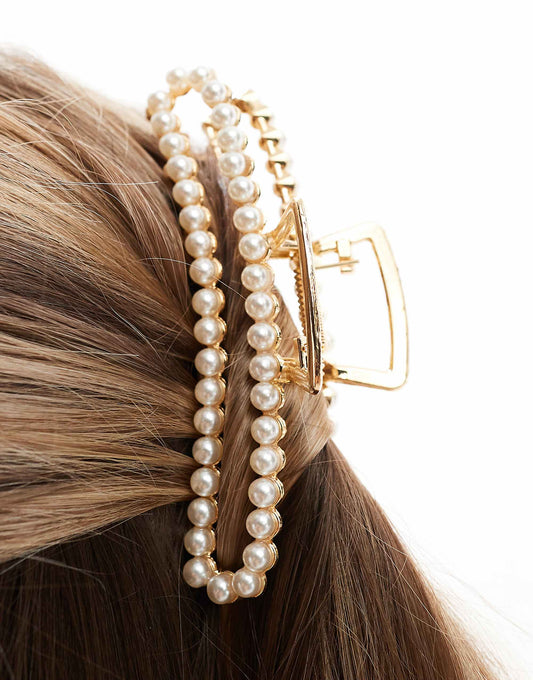 Pieces XL rectangle pearl hair claw clip in white gold