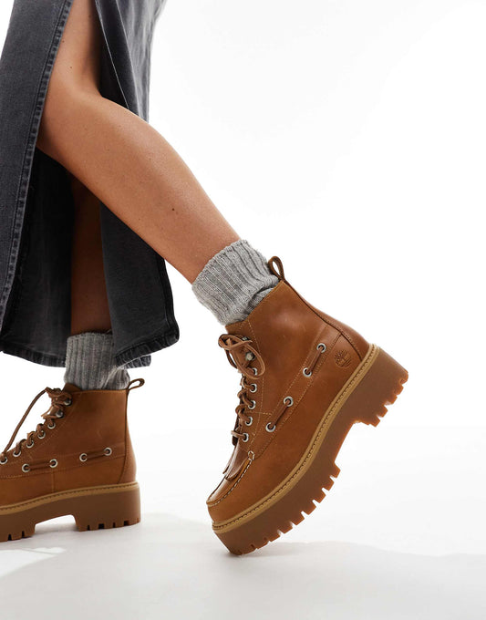 Timberland Stone Street lace up 7 eye elevated boots in wheat leather