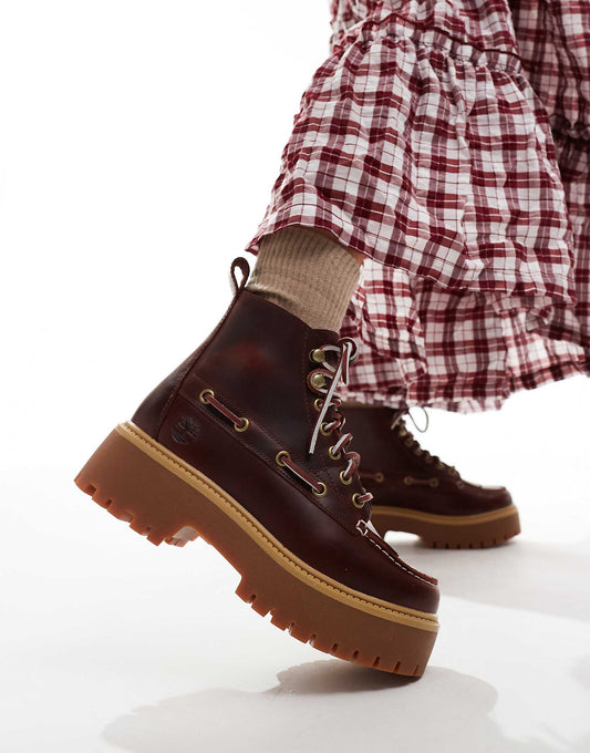 Timberland Stone Street lace up 7 eye elevated boots in burgundy