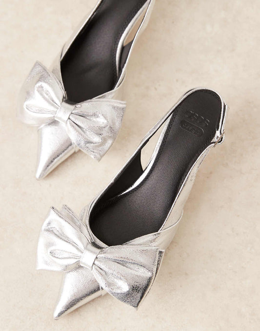 ASOS DESIGN Wide Fit Secret bow slingback kitten heeled shoes in silver