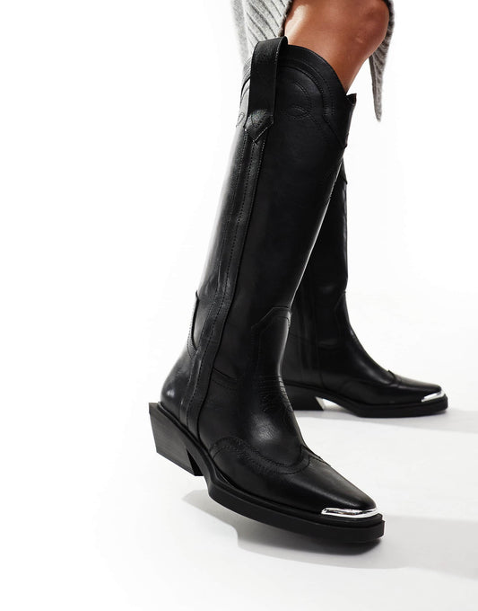 ASOS DESIGN Celeste flat western knee boots in black