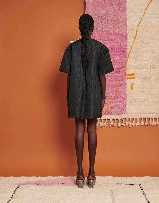 Ghospell bow detail textured mini dress in black