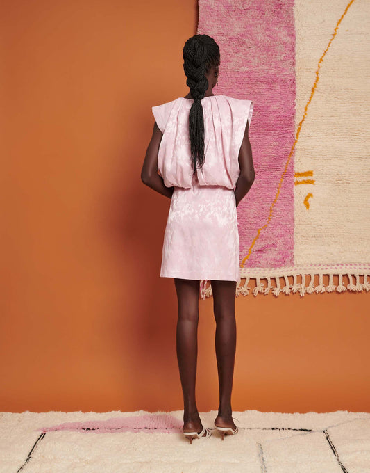 Ghospell jacquard bow pleated mini dress in pink