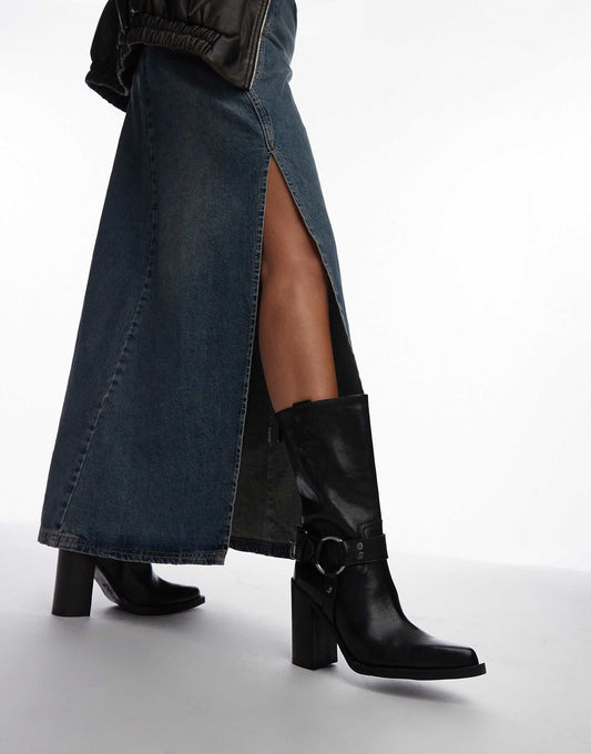 Bronx Mya Mae western heeled ankle boots in black brushed leather