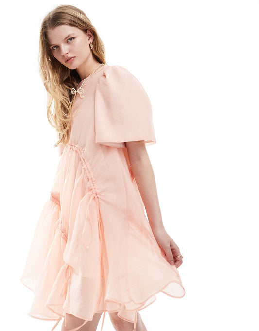 Ghospell asymmetric bow detail mini dress in pink