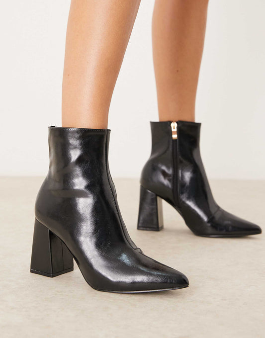 RAID Tetlee block heel ankle boots in black patent