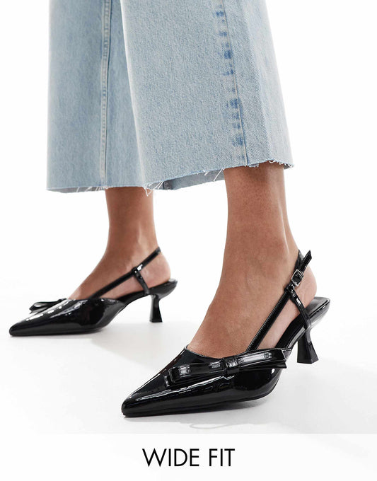 Glamorous Wide Fit slingback kitten heeled shoes with bow in black