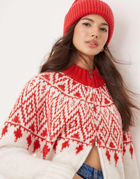 كارديغان بسحاب سميك ونمط Fairisle بلون أحمر وكريمي من ASOS DESIGN