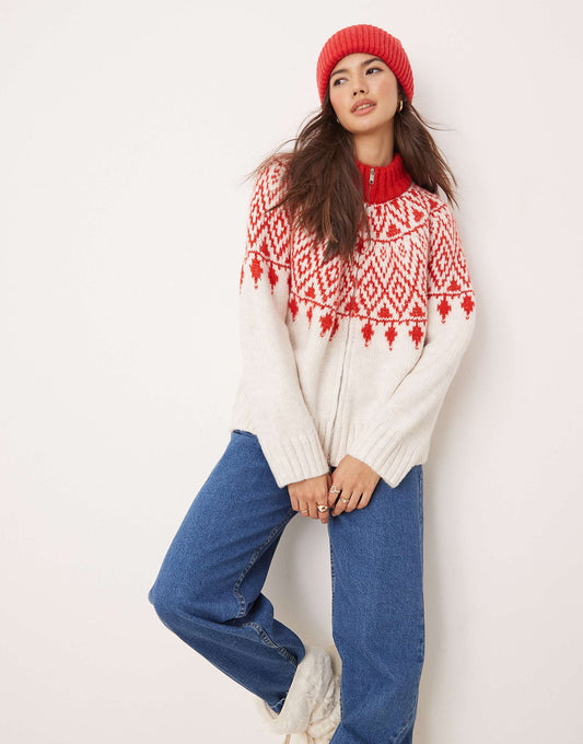 كارديغان بسحاب سميك ونمط Fairisle بلون أحمر وكريمي من ASOS DESIGN