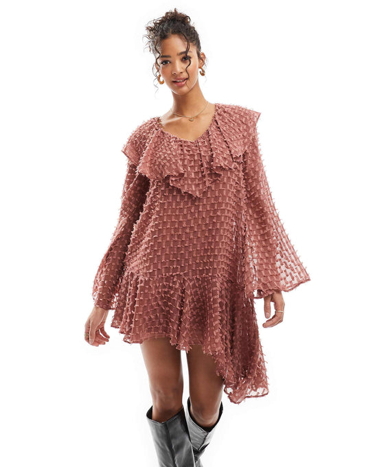 ASOS DESIGN v neck asymmetric hem dobby dress mini in rose