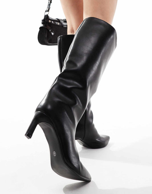 SEQWL Wide Fit knee high kitten heel boot in black PU