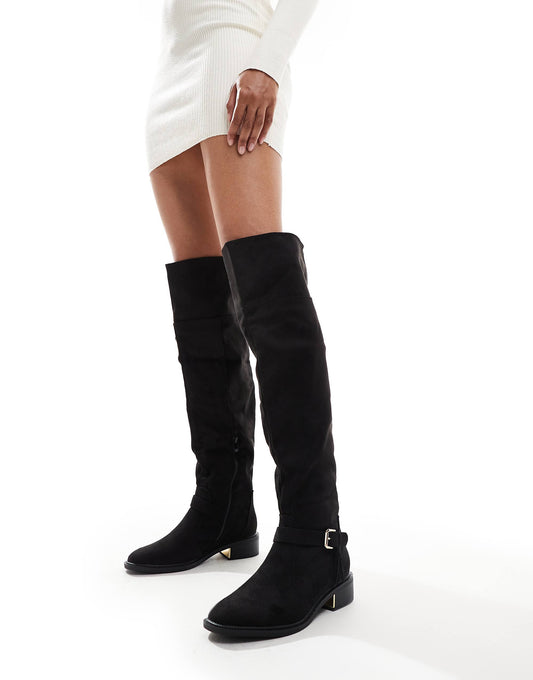 SEQWL Wide Fit over the knee flat boots with tassle in black
