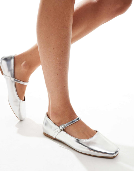 SEQWL Wide Fit buckle strap ballet flats in silver
