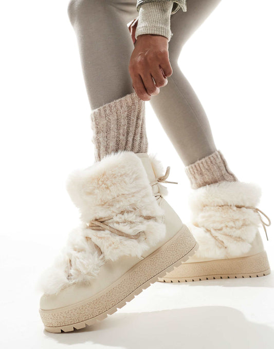 South Beach Faux Fur Lace Up Ankle Boots in Cream