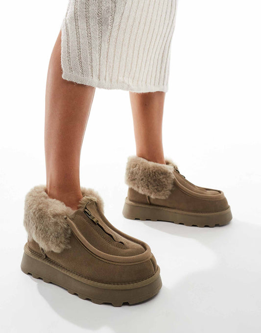 South Beach Real Sheepskin Zip Up Ankle Boot in Olive