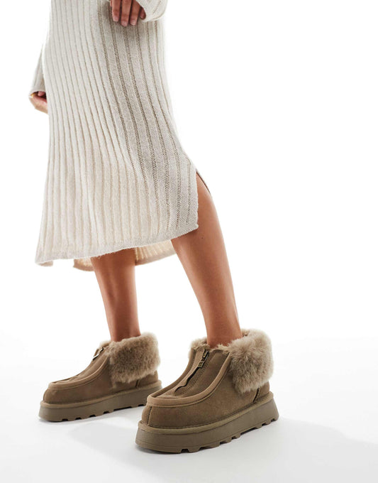 South Beach Real Sheepskin Zip Up Ankle Boot in Olive