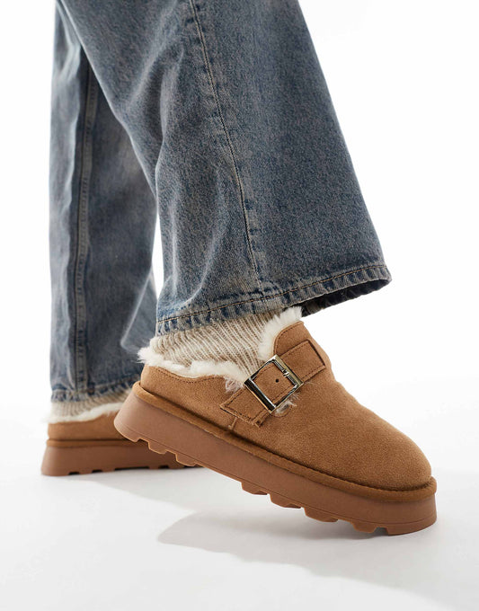 South Beach Reach Sheep Skin Buckle Mules in Chestnut
