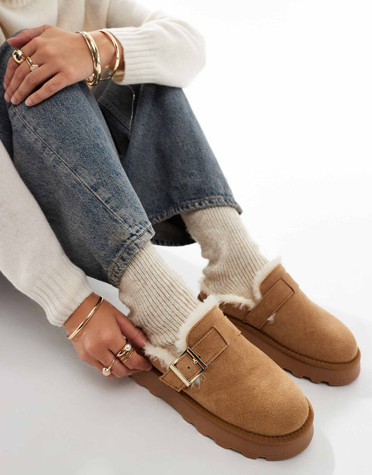 South Beach Reach Sheep Skin Buckle Mules in Chestnut