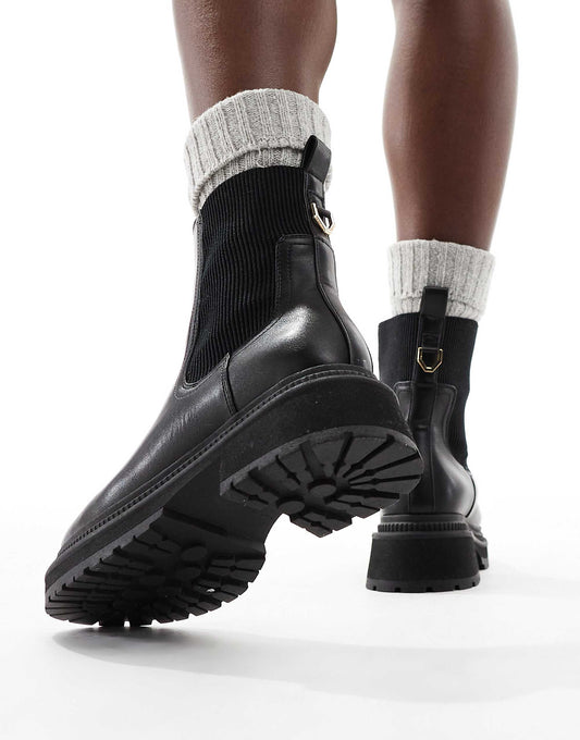 London Rebel Becky chunky mid ankle chelsea boots in black