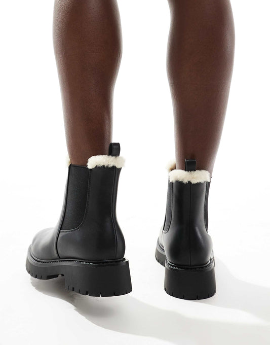 London Rebel Lois wide fit faux fur lined chunky chelsea boots in black